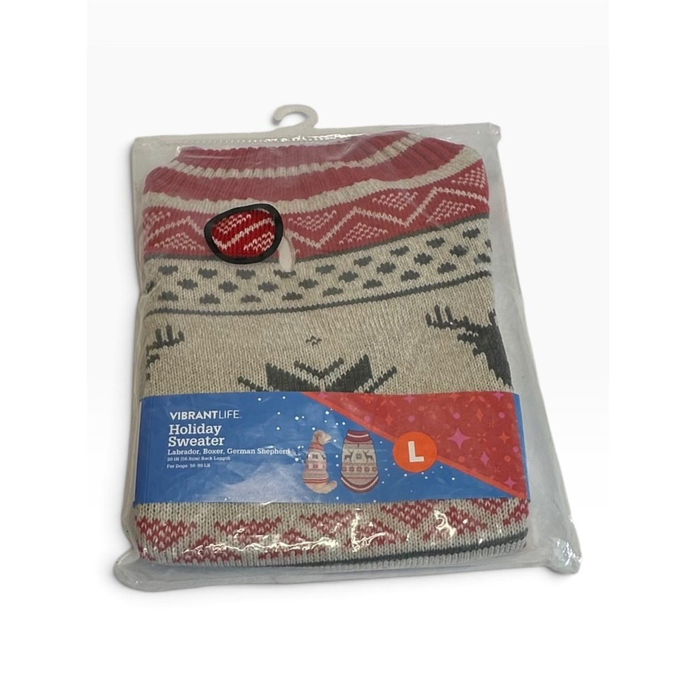 Vibrant Life Holiday Sweater Dog Size L Red Oatmeal New Reindeer Fair Isle Knit